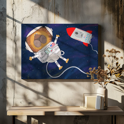 A whimsical cartoon illustration of a lion astronaut floating in deep space. The lion, wearing a white spacesuit and helmet, has a wide-eyed expression. A red and white toy rocket labeled 'Space Shuttle Explorer' flies nearby against a dark blue, star-filled background. Poster
