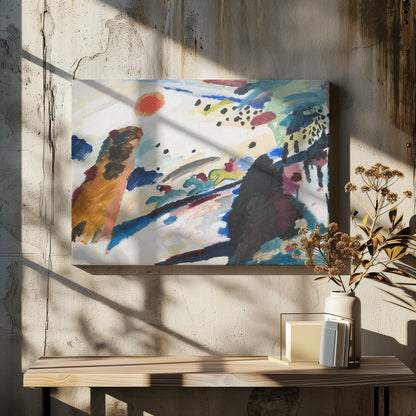 Abstract painting by Wassily Kandinsky in a silver frame. The dynamic composition features a red-orange sun, stylized figures of jockeys on racing horses, and energetic brushstrokes of blue, black, brown, and green on a white canvas. Artwork