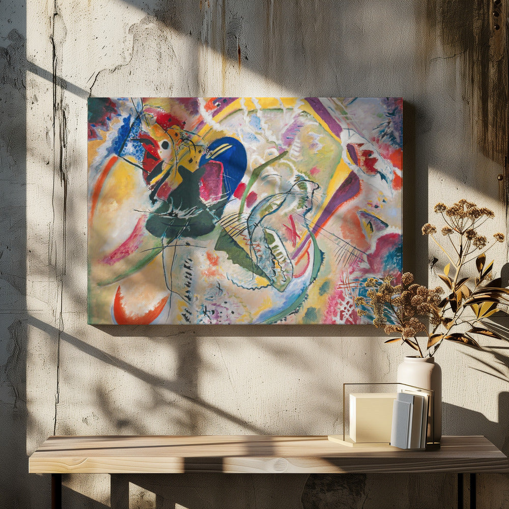 A vibrant and chaotic abstract painting by Wassily Kandinsky, presented in a silver frame. The artwork is a whirlwind of bold colors like yellow, blue, red, and green, with dynamic, intersecting black lines and a variety of shapes creating a sense of energetic movement. Print