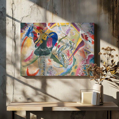 A vibrant and chaotic abstract painting by Wassily Kandinsky, presented in a silver frame. The artwork is a whirlwind of bold colors like yellow, blue, red, and green, with dynamic, intersecting black lines and a variety of shapes creating a sense of energetic movement. Print