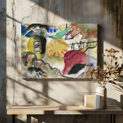 An abstract painting by Wassily Kandinsky, featuring a dynamic composition of vibrant yellow, red, blue, and green shapes, with bold black lines and forms on a cream-colored background, all encased in a silver frame. Wall Art