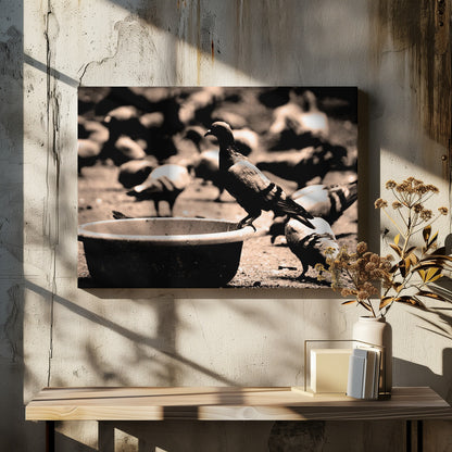 A sepia-toned, high-contrast photograph of a pigeon perched on the edge of a large, weathered bowl. In the soft-focus background, a large flock of other pigeons mills around on the ground. The image has a silver-colored frame. Artwork