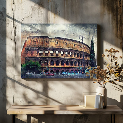 A watercolor-style digital painting of the Roman Colosseum under a cloudy, textured sky. The ancient amphitheater's arched structure dominates the scene, with a busy street, cars, and trees in the foreground. The artwork is enclosed in a silver, weathered frame. Decor