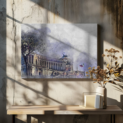 A watercolor-style painting of the Altar of the Fatherland in Rome, Italy, depicted with dramatic purple and gray skies. The grand classical building features numerous columns and statues, with a large tree on the left and an Italian flag on the right. The artwork has a painterly, splattered effect and is shown in a silver frame. Wall Art