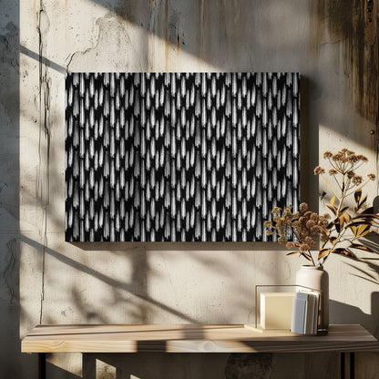 A framed abstract artwork featuring a repeating pattern of textured white vertical brushstrokes on a solid black background, encased in a simple silver frame. Print