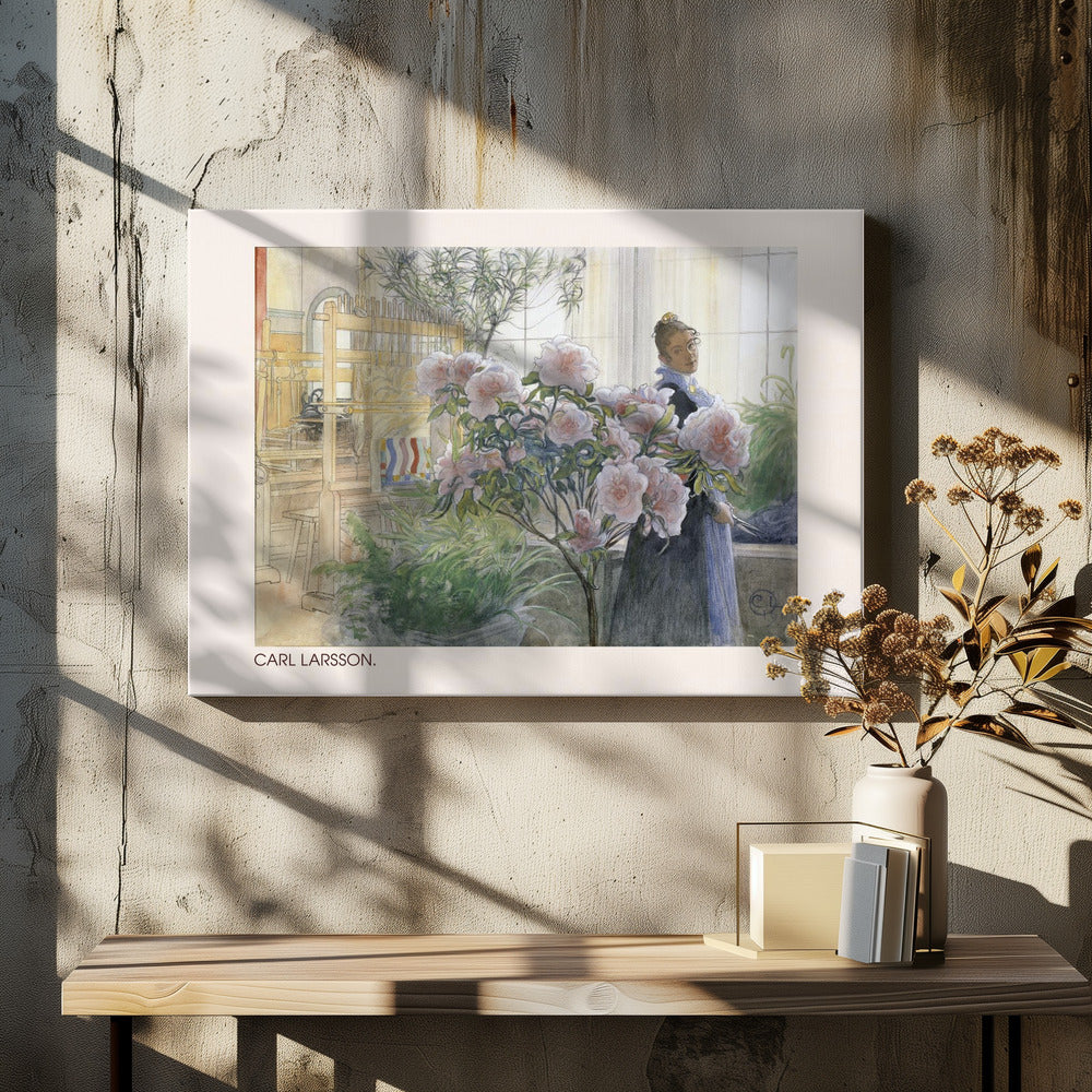 A vintage watercolor painting by Carl Larsson depicting a woman standing indoors beside a large flowering pink azalea bush. In the background, a sunlit room contains a wooden weaving loom and other potted plants. Decor
