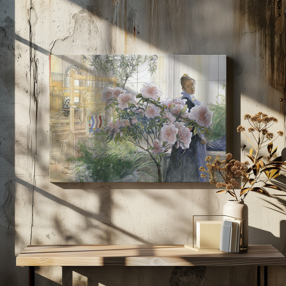 A vintage illustration by Carl Larsson titled 'Azalea', depicting a woman in a dark dress standing in a sunlit room with a large wooden weaving loom. She is partially obscured by a large, blooming pink azalea bush in the foreground. Poster