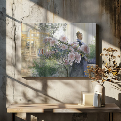 A vintage illustration by Carl Larsson titled 'Azalea', depicting a woman in a dark dress standing in a sunlit room with a large wooden weaving loom. She is partially obscured by a large, blooming pink azalea bush in the foreground. Poster