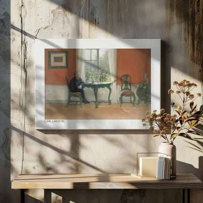 A vintage painting by Carl Larsson depicting a young boy in a dark blue shirt sitting at a green desk, looking out a sunlit window. The room has warm orange-red walls, antique green furniture, and white curtains. Artwork