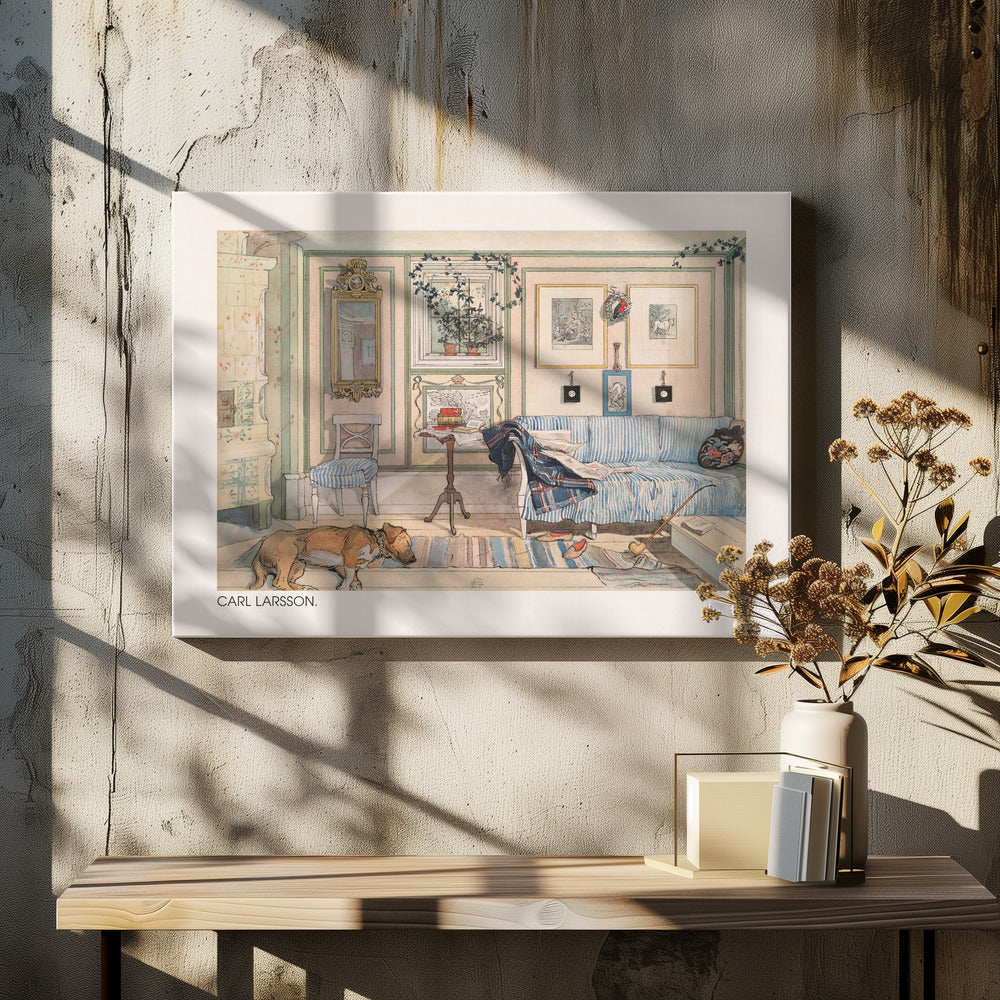A watercolor painting by Carl Larsson of a cozy, lived-in room. A brown dog sleeps on a striped rug in the foreground, while a blue and white striped sofa sits against a pale pink wall adorned with pictures and a mirror. A traditional tiled stove stands to the left. Print