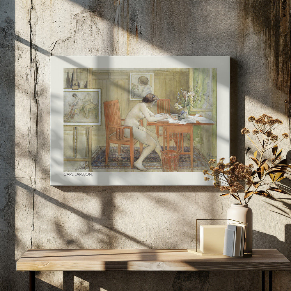 A vintage painting by Carl Larsson depicting a nude woman sitting in profile at a wooden desk, engrossed in writing. The room is a cozy artist's studio with other paintings visible, a vase of flowers on the desk, and a patterned rug on the floor. Artwork