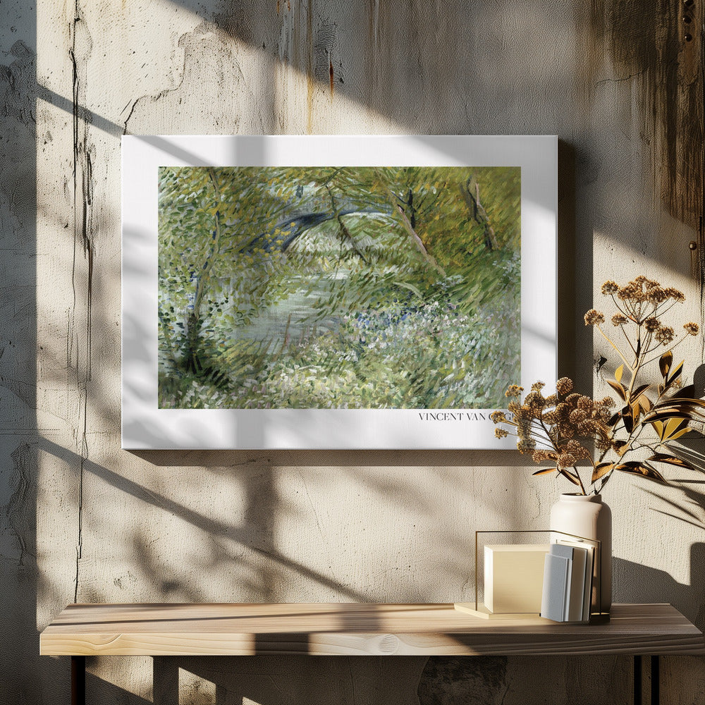 A framed impressionist painting by Vincent van Gogh of a lush green landscape. A river runs through the center, with a dark arched bridge visible in the background through the trees. The foreground is filled with green foliage and white and blue wildflowers, all rendered in thick, expressive brushstrokes. Decor