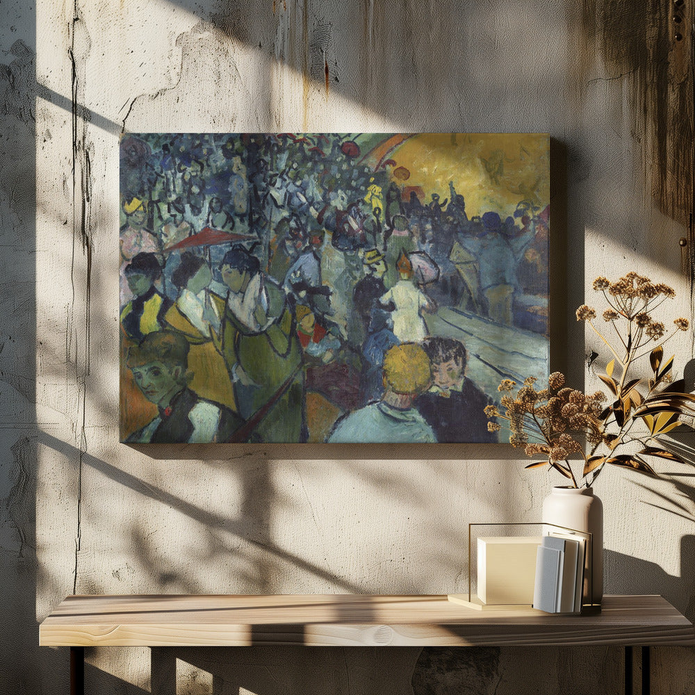 A post-impressionist painting in a silver frame depicting a dense crowd of people at a lively event. The scene is rendered with expressive brushstrokes in a palette of deep blues, greens, and a large area of bright yellow light, conveying a sense of bustling energy and movement. Decor