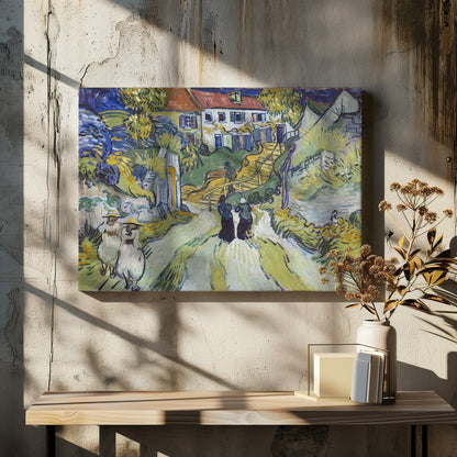 A post-impressionist painting by Vincent van Gogh titled 'Stairway at Auvers'. The artwork depicts a vibrant village scene with figures walking along a winding path up a hill. A prominent house with a red roof sits atop the hill next to a wooden staircase. The landscape is rendered in expressive brushstrokes of green, yellow, and blue, all enclosed within a silver frame. Print