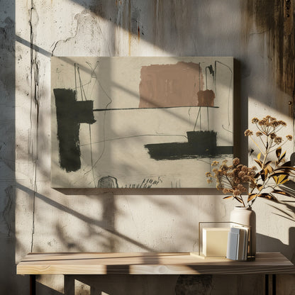 An abstract painting with a beige background featuring bold, black brushstrokes and a large, muted brown rectangular shape. Thin, erratic black lines are scrawled across the canvas, intersecting with the colored forms. The entire piece is framed in a simple silver frame. Wall Art