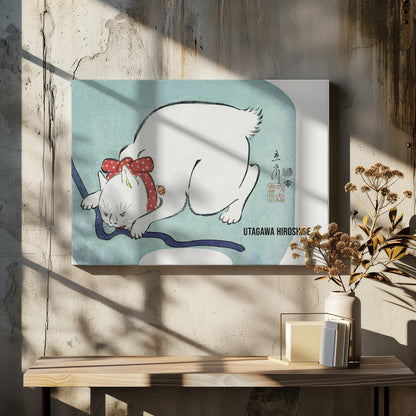 A Japanese woodblock print by Utagawa Hiroshige featuring a white cat with a fierce expression. The cat is wearing a red polka-dot collar with a large bow and a small bell, playfully biting a dark blue cord against a light blue background. Wall Art