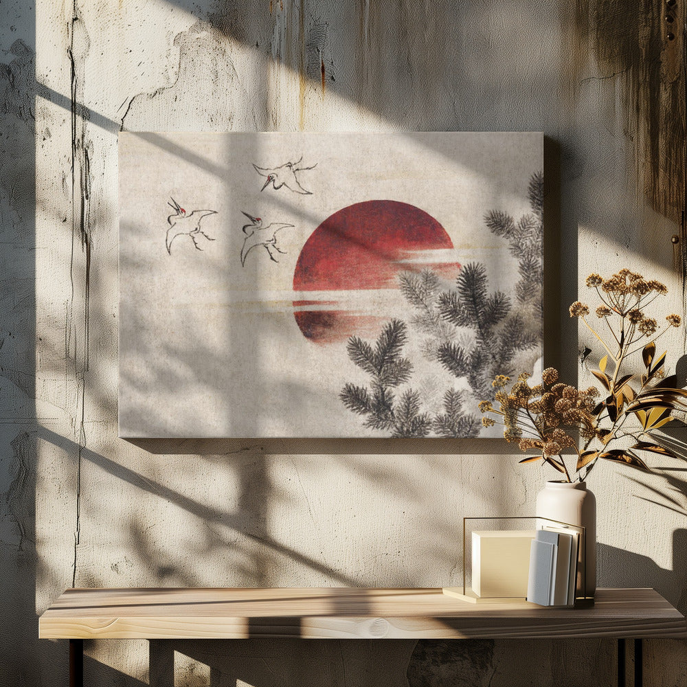 A Japanese-style painting on textured beige paper, featuring a large, vibrant red sun. In the upper left, three cranes are sketched in black ink, flying towards the sun. Dark pine tree branches enter the frame from the right foreground. The entire artwork is displayed within a silver frame. Decor