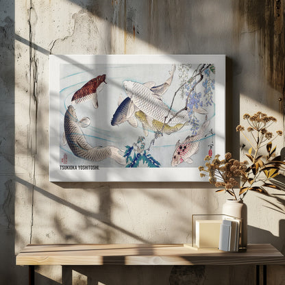 A framed Japanese woodblock print by Tsukioka Yoshitoshi featuring several colorful koi fish swimming in light blue water. A branch with purple wisteria flowers dangles from the top right corner, and the artist's signature is visible. Decor