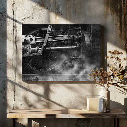 A dramatic, black and white close-up photograph of the wheels and driving rods of a steam locomotive. Puffs of steam rise from the tracks, partially obscuring the lower part of the machinery. Print