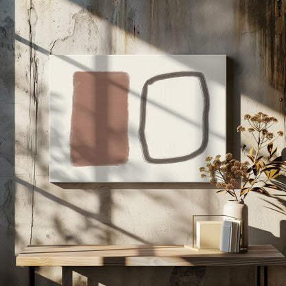 A minimalist abstract artwork in a silver frame, featuring a solid terracotta brown rectangle next to a hand-drawn, rounded rectangular outline in charcoal grey, both set against a cream background. Poster