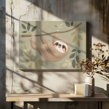 A cute, stylized illustration of a smiling brown sloth hanging upside down from a tree branch. The background is a soft sage green, adorned with various green and cream-colored leaves, creating a gentle and whimsical scene. Print