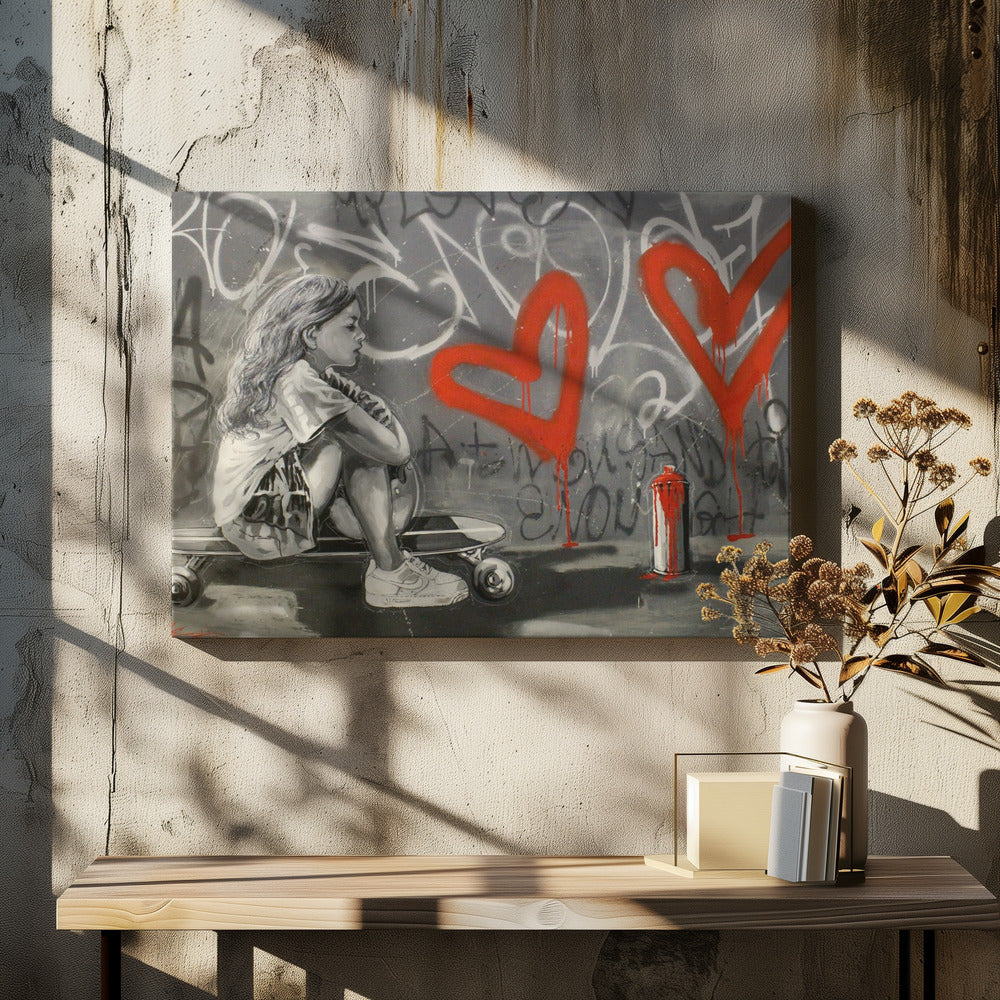 A monochrome street art painting of a young girl with long hair sitting thoughtfully on a skateboard. Behind her, a grey wall is covered in graffiti tags and two large, bright red hearts are spray-painted with drips running down. A red and white spray paint can sits on the ground next to her. Artwork