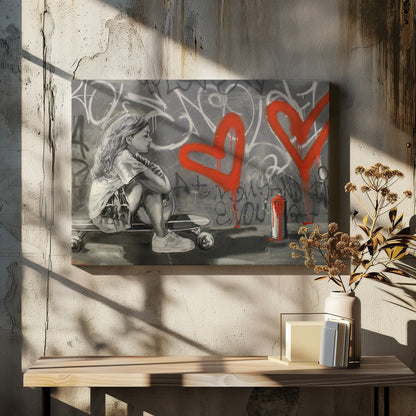 A monochrome street art painting of a young girl with long hair sitting thoughtfully on a skateboard. Behind her, a grey wall is covered in graffiti tags and two large, bright red hearts are spray-painted with drips running down. A red and white spray paint can sits on the ground next to her. Artwork