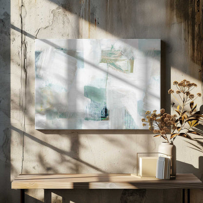 Abstract painting with bold white brushstrokes over a background of soft green, blue, and beige hues in a silver frame.