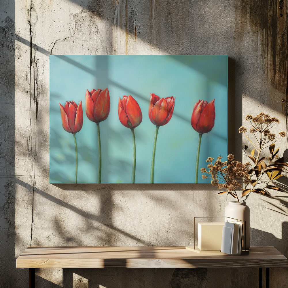 A painting of five vibrant red tulips in a row with long green stems, set against a solid light teal background and enclosed in a silver frame. Wall Art
