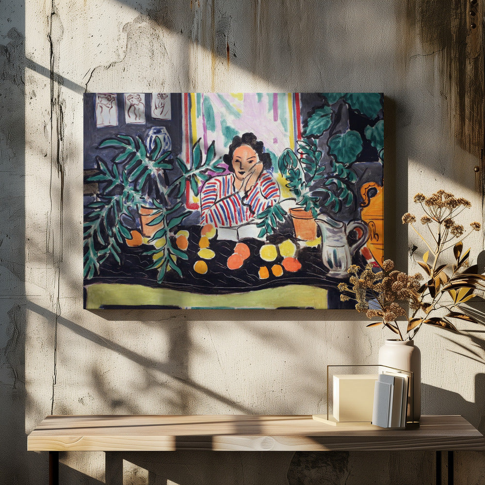 A vibrant Fauvist painting by Henri Matisse featuring a woman in a red and blue striped blouse sitting at a black table. She is surrounded by lush green potted plants and colorful citrus fruits, resting her head on her hand in a contemplative pose. Artwork