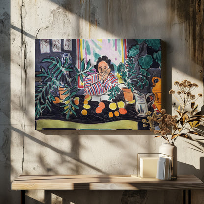 A vibrant Fauvist painting by Henri Matisse featuring a woman in a red and blue striped blouse sitting at a black table. She is surrounded by lush green potted plants and colorful citrus fruits, resting her head on her hand in a contemplative pose. Artwork