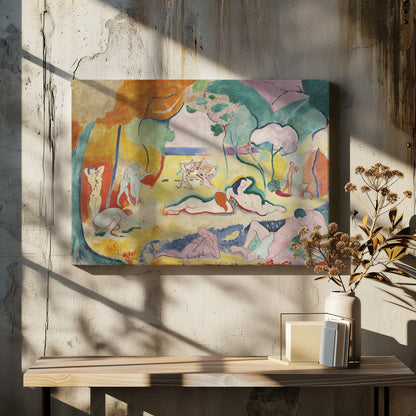 A framed print of Henri Matisse's Fauvist painting, 'Le bonheur de vivre' (The Joy of Life). It shows a vibrant, colorful landscape with numerous nude figures relaxing, dancing, and playing music. The scene uses unnaturalistic colors like yellow earth, orange and green trees, and a pink sky to evoke a sense of idyllic joy. Decor