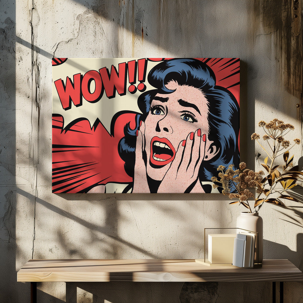 A pop art comic book panel of a woman with blue hair and red lipstick looking shocked, with her hands on her cheeks and mouth open. Behind her, a red speech bubble exclaims 'WOW!!'. Decor