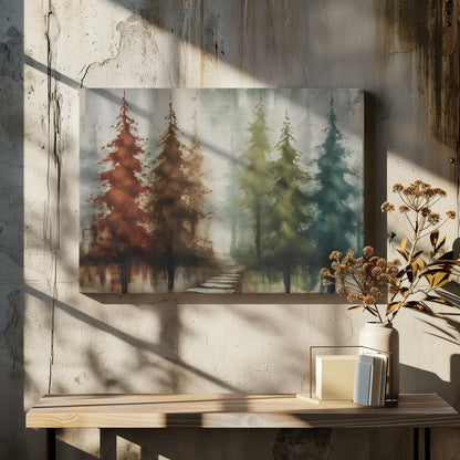 An abstract painting of a forest with a row of pine trees in a silver frame. The trees are painted in a gradient of colors from rust red and brown on the left to olive green and teal blue on the right, all set against a misty, gray background. A stone path leads into the foggy distance, and the trees are reflected in the water below. Poster
