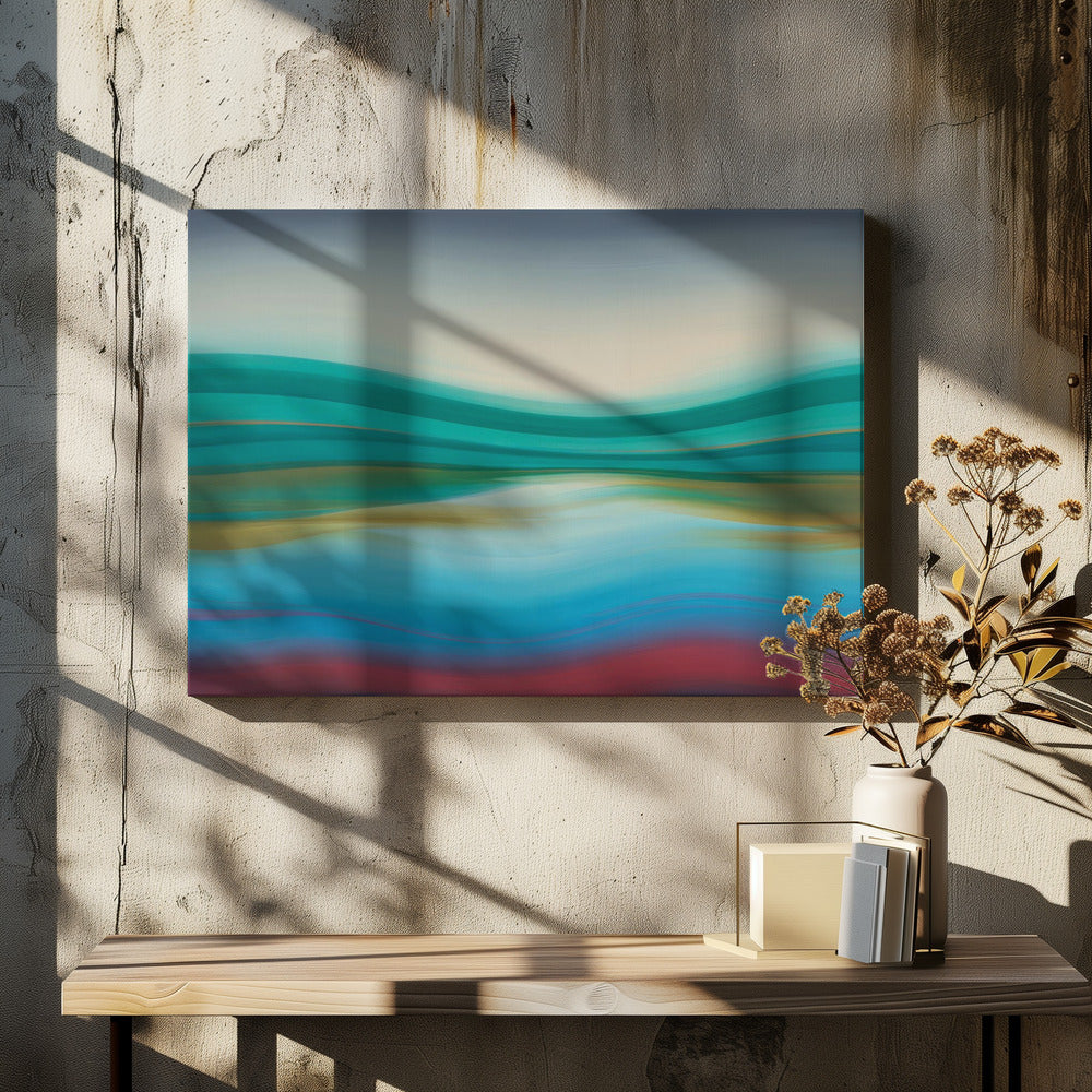 A framed abstract landscape painting featuring horizontal, flowing bands of color. The composition suggests a serene coastal scene with a light blue and cream sky over undulating waves of teal and green. The middle section shows reflections in shades of gold and aqua, while the bottom transitions from blue with thin red lines to a solid deep red-brown base. The entire piece is housed in a simple silver frame. Poster