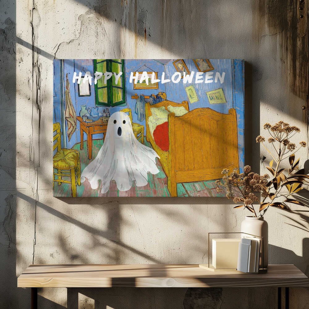 A parody of Vincent van Gogh's famous 'Bedroom in Arles' painting. A white, cartoonish ghost with a surprised expression hovers in the middle of the iconic, colorful room. Above the scene, the words 'HAPPY HALLOWEEN' are displayed in a textured white font. The artwork is presented in a silver frame. Wall Art