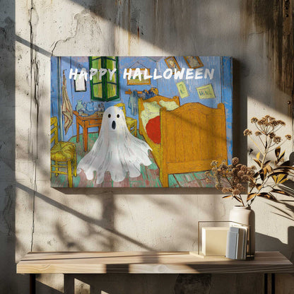 A parody of Vincent van Gogh's famous 'Bedroom in Arles' painting. A white, cartoonish ghost with a surprised expression hovers in the middle of the iconic, colorful room. Above the scene, the words 'HAPPY HALLOWEEN' are displayed in a textured white font. The artwork is presented in a silver frame. Wall Art