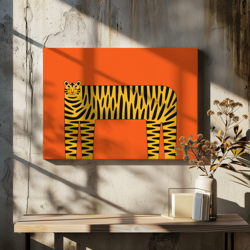 A stylized illustration of a tiger with a long, rectangular body and bold black stripes on a yellow coat, set against a solid, bright orange background and enclosed in a silver frame. Decor