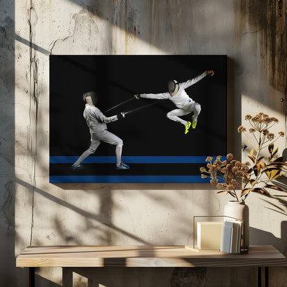 A dynamic action shot of two fencers in full white gear and masks dueling with foils against a stark black background. The fencer on the right is captured mid-air in a dramatic leap, while the fencer on the left lunges forward on a surface marked with blue lines. The image is enclosed in a silver frame. Artwork