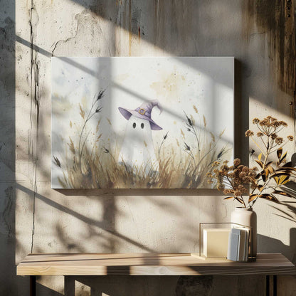 A whimsical watercolor painting of a cute white ghost wearing a purple witch's hat. The ghost is standing in a field of tall, dry brown and beige grasses against a light, splotchy background, all within a silver frame. Artwork