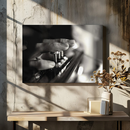 A dramatic, close-up, black and white photograph of a musician's fingers pressing down on the silver valves of a trumpet, with a soft, out-of-focus background. The image is enclosed in a brushed silver frame. Poster