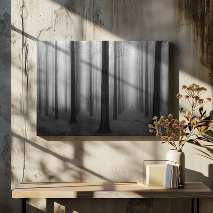 A moody black and white framed photograph of a person walking away through a dense forest on a foggy day. Tall, dark, leafless tree trunks stand in rows, disappearing into the thick, white mist, creating a sense of depth and mystery. Wall Art