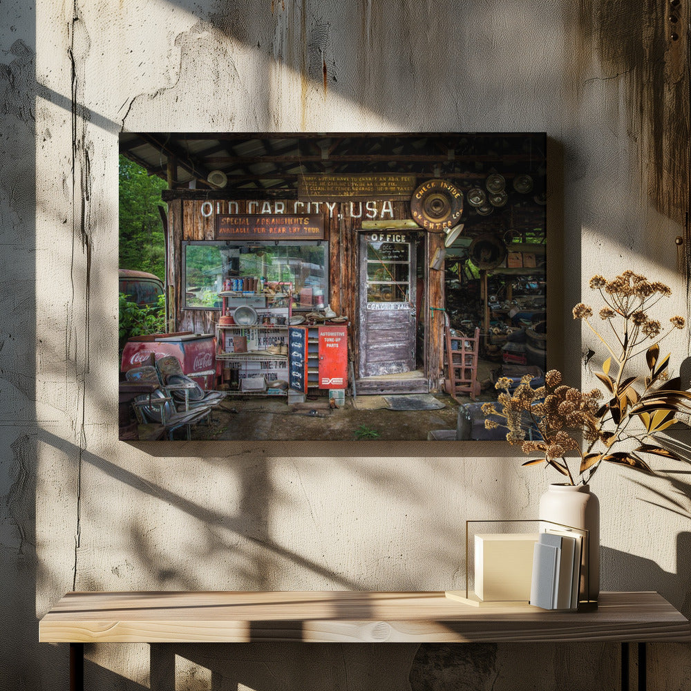 A framed photograph of the cluttered entrance to a rustic wooden building labeled 'Old Car City, USA'. The scene is filled with vintage memorabilia, including car parts, old signs, a red Coca-Cola cooler, and the weathered door to an office. Poster