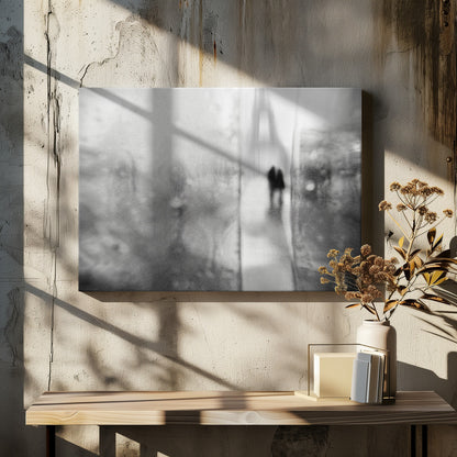 A framed, moody black and white photograph with a heavy blur effect, depicting a couple's silhouette walking towards the distant, hazy Eiffel Tower on what appears to be a rainy day in Paris. Artwork