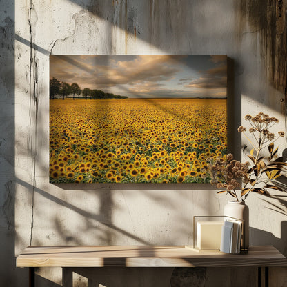 A framed photograph of a massive field of golden sunflowers stretching to the horizon under a dramatic, cloudy sky at sunset. A long row of trees is visible in the distance. Decor