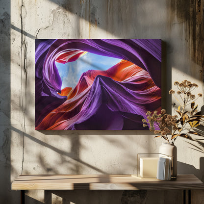 A low-angle photograph looking up from inside a vibrant slot canyon. The smooth, flowing sandstone walls are colored in rich shades of purple, red, and orange, curving around an opening that reveals a bright blue sky with wispy clouds. The image is presented within a silver-colored frame. Wall Art