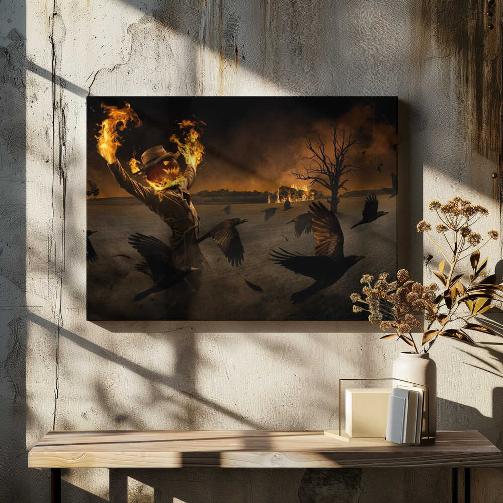 A terrifying scarecrow with a glowing jack-o'-lantern for a head stands in a dark field, its hands engulfed in flames raised towards the sky. A flock of black crows flies around it in a frenzy, while in the background, a barn burns under a dark, smoky orange sky. Wall Art
