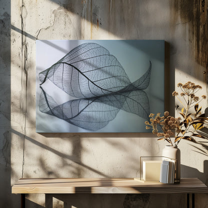 A close-up, macro photograph of a delicate skeleton leaf with intricate veins. The leaf is curled and resting on a reflective surface, creating a mirror image below it. The background is a soft, cool gradient from light blue to a darker muted teal. The image is presented within a brushed silver frame. Artwork