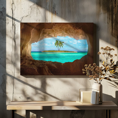 A framed artwork depicting a view from inside a rocky cave looking out at a small tropical island with two palm trees. The cave's natural arch frames the vibrant turquoise ocean and the bright blue sky, creating a sense of a hidden paradise. Artwork