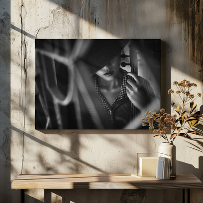 A moody, artistic black and white photograph of a woman holding a violin. Her face is partially obscured by a dark hat, creating a mysterious atmosphere. The image is shot through a blurred foreground, adding depth and intimacy to the portrait. Poster